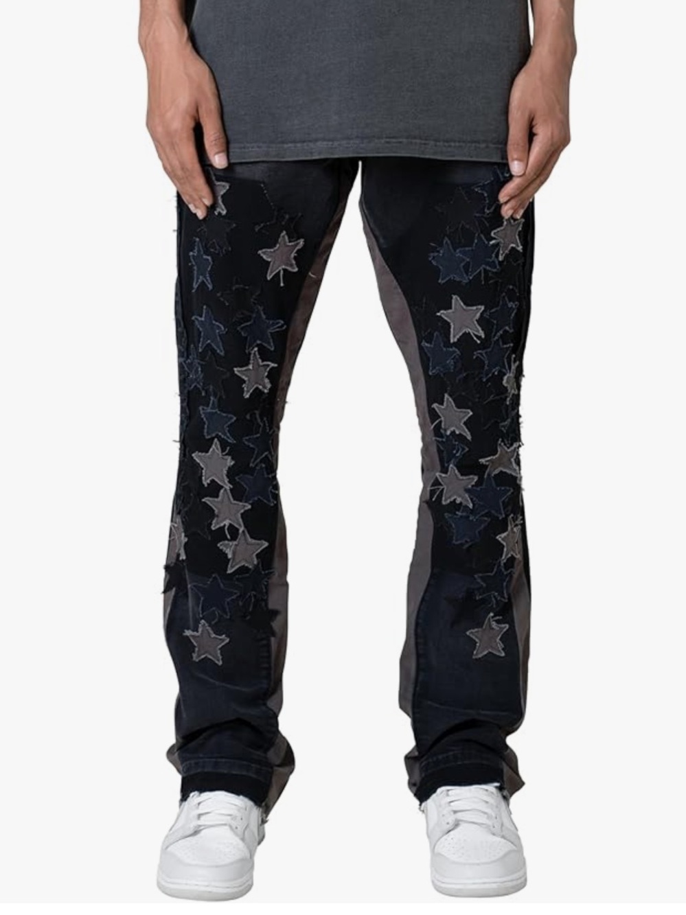 MNML Men's Relaxed Jeans in Charcoal with Beige Star Accents